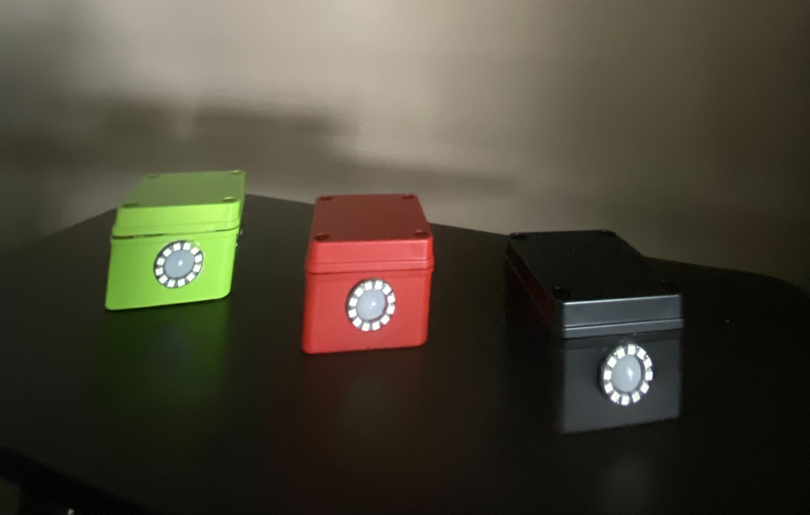 A Scare Box with its LED ring lit in the dark